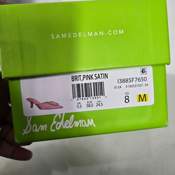 Sam Edelman Brit Satin Mule Pink Pointy Embellished Buckle Quilted Kitten Heel 8 - Picture 8 of 15